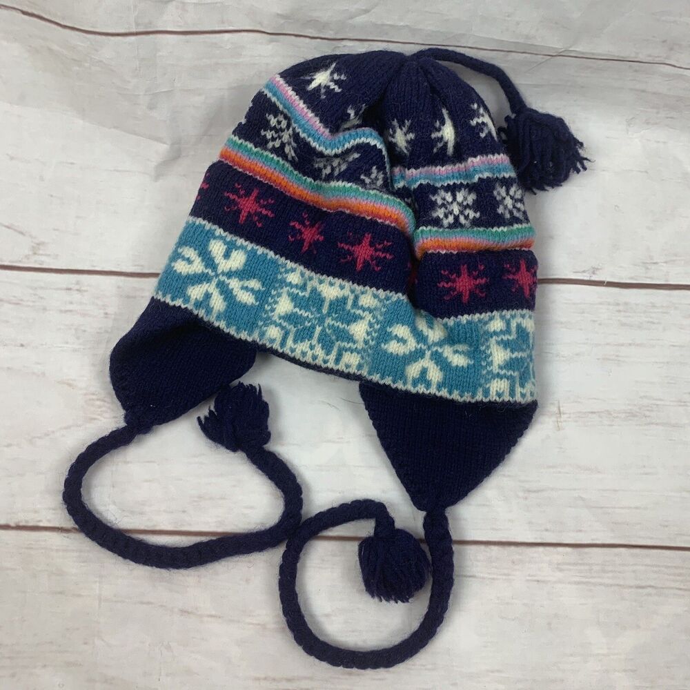 Hat Beanie Winter Wool Kids Boys Chullo Earflap Knitted Snowflake 3T 4T XS S USA